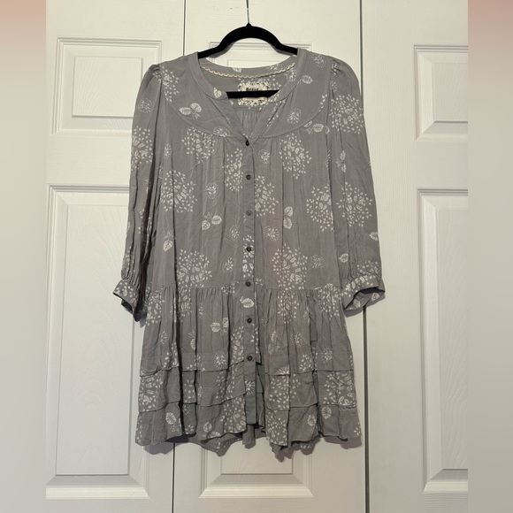 Anthropologie Holding Horses grey floral button up 3/4 sleeve boho tunic dress - Picture 5 of 9